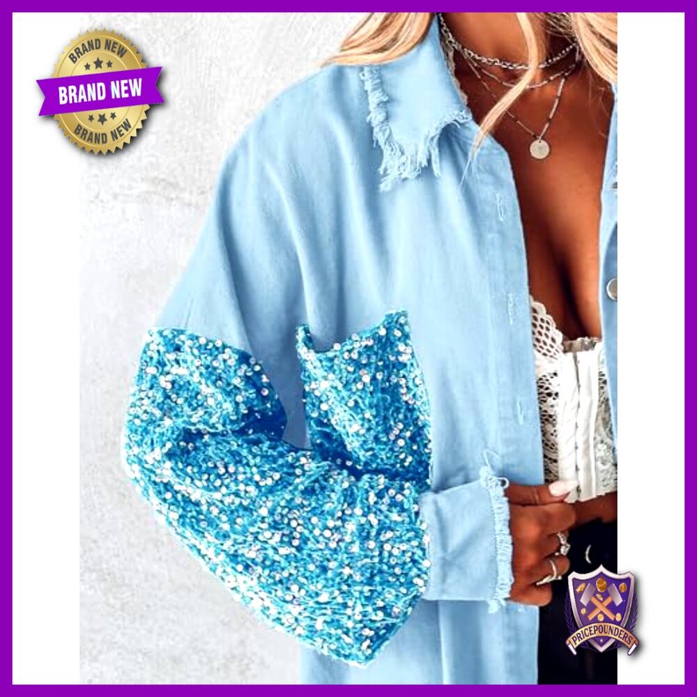 Oversized Denim Shacket Sequin Patchwork Long Sle… - image 3